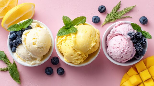 Three bowls of creamy ice cream are displayed on a vibrant pink surface, featuring lemon, mango, and berry flavors adorned with fresh fruits and mint leaves, perfect for summer enjoyment. - Powered by Adobe