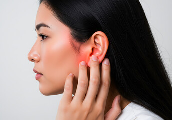 Asian Woman Touching Painful Ear – Symptoms of Ruptured Eardrum, Tinnitus, Meniere’s Disease, or Otitis Media
