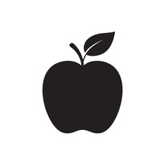A black and white icon design illustration of an apple with a leaf on the stem