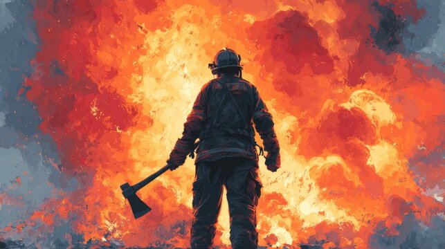 A firefighter, holding an axe, stands against a dramatic backdrop of flames and smoke during a firefighting operation at twilight. The scene captures determination against adversity.