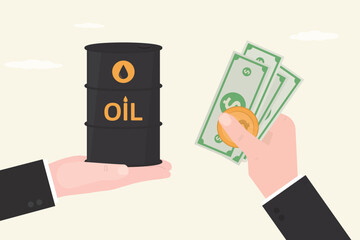 Businessman buys сrude oil. Seller hand holding oil barrel. Sale of petroleum products and fuels. Buyer with cash money. Commodities market. Petroleum in barrel