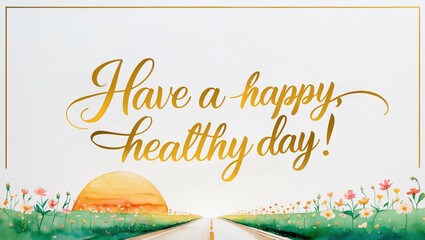 greeting card with a soft, bright color background with illustration of a minimalist watercolor of road and flower garden with the warm, gold text “Have a happy, healthy day!" 