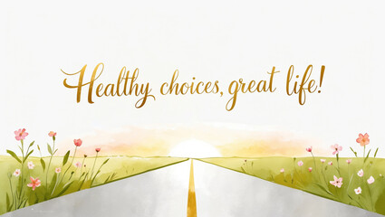 greeting card with a soft, bright color background with illustration of a minimalist watercolor of road and flower garden with the warm, gold text “Health choices, great life" 
