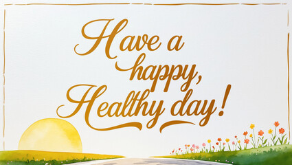 greeting card with a soft, bright color background with illustration of a minimalist watercolor of road and flower garden with the warm, gold text “Have a happy, healthy day!" 