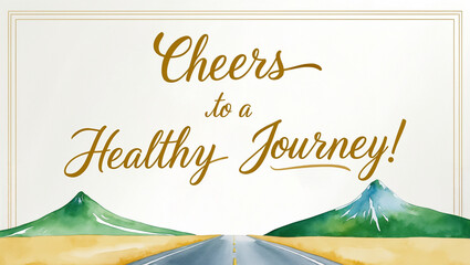 greeting card with a soft, bright color background with illustration of a minimalist watercolor of road to the green mountain on the bottom with the warm, gold text “ Cheers to a healthy journey!"