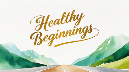 greeting card with a soft, bright color background with illustration of a minimalist watercolor of road to the green mountain on the bottom with the warm, gold text “ Healthy beginnings!"