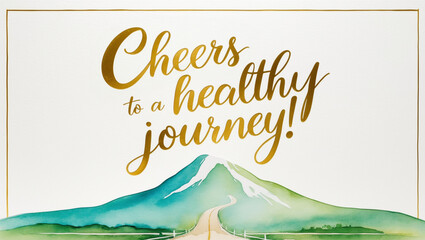greeting card with a soft, bright color background with illustration of a minimalist watercolor of road to the green mountain on the bottom with the warm, gold text “ Cheers to a healthy journey!"