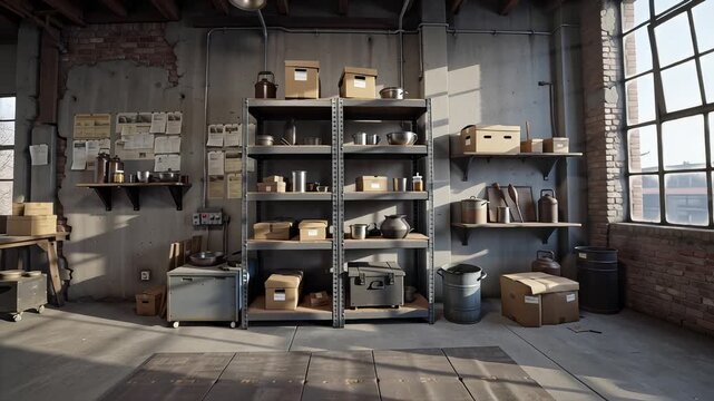 An industrial warehouse interior featuring metal shelves filled with boxes and containers, illuminated by natural light streaming through a large window, creating an organized storage space