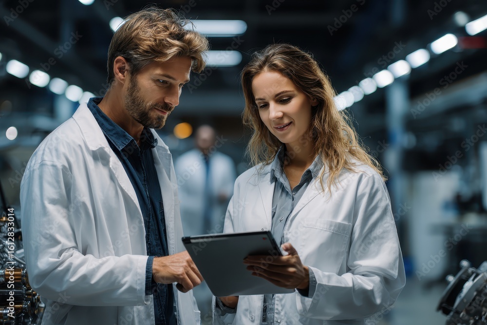 Poster discussion between scientists in technology research facility while analyzing data on a tablet durin