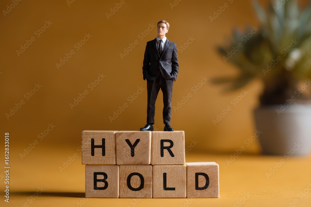Aufkleber hybrid workplace model concept with figurine on blocks emphasizing boldness in modern work environme