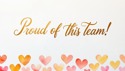team greeting card with a soft, bright color background with illustration of a minimalist watercolor of hearts on the bottom with the warm, gold text “ Proud of this team!" written 