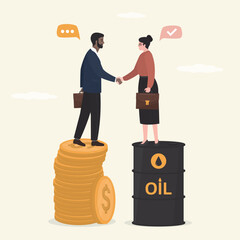 Commodities market. Business agreement. Friendly handshake business people after successful deal. Oil barrel and golden coins. Sale of petroleum products and fuels.