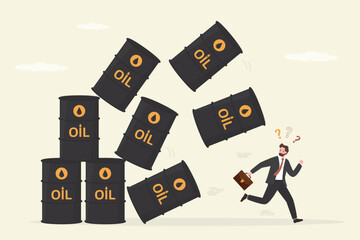 Sale of petroleum products and fuels. Businessman run away from falling oil barrels. Customer lose money from fuel costs. Trader with money losses.