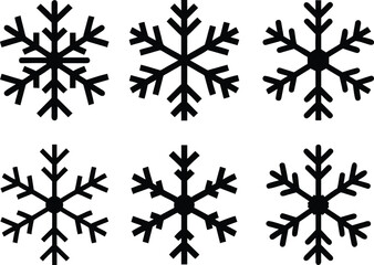a set of six black and white vector snowflake icons, minimalist, simple, flat design
