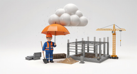 sad worker in a helmet stands under an umbrella at a construction site. Generative AI