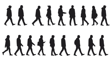 Fototapeta premium Silhouettes of diverse people walking in a row on white