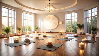 Sunlit yoga studio with hardwood floors, mats, candles, and large windows