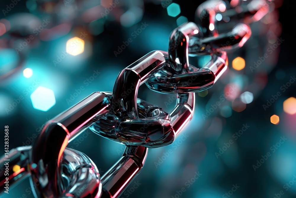 Poster blockchain technology represented through an abstract background featuring intricate links with a fu