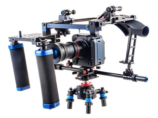 A professional camera rig with blue handles and multiple mounting points, isolated on a transparent background