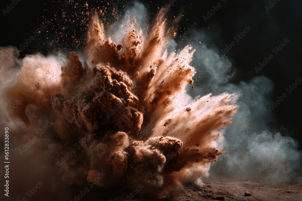 Poster brown color powder explosion captured in perfect detail with surrounding dust and particles creating