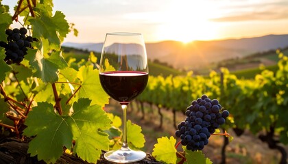 Sunset over vineyard with glass of red wine