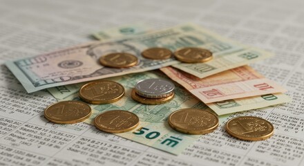 Coins and Currency on Financial Document Background.