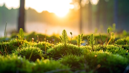 Sunrise illuminates young plants sprouting from mossy forest floor