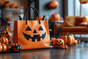 Halloween shopping mockup with blank shopping bag on a podium, surrounded by themed props.