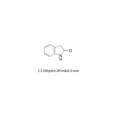 1,3-Dihydro-2H-indol-2-one skeletal structure. Indolinone compound schematic illustration. Simple diagram, chemical formula. © Basstock