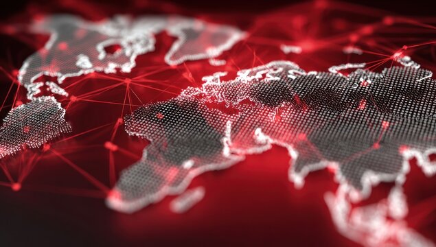 Dotted, grey world map overlaid with a red, networked grid. The map is rendered with a shallow depth of field, creating focus on specific regions while blurring others