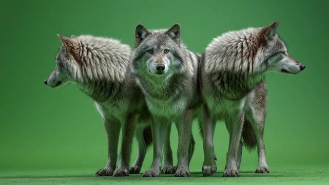Three wolves standing close together against a green background in a studio setting shot green screen animal video