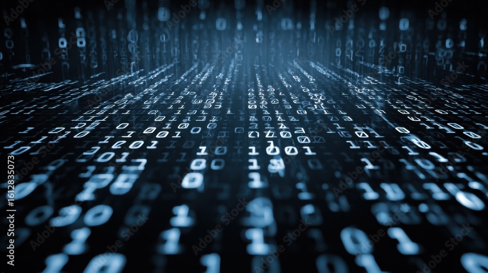 Poster binary code streams downward, creating a mesmerizing visual effect that evokes technology and data t