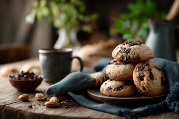 Fototapeta premium Enjoying homemade cookies with rich chocolate chips on a rustic wooden table surrounded by fresh greenery and a cozy coffee cup in the soft afternoon light