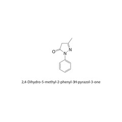 2,4-Dihydro-5-methyl-2-phenyl-3H-pyrazol-3-one skeletal structure. Pyrazolone compound schematic illustration. Simple diagram, chemical formula.