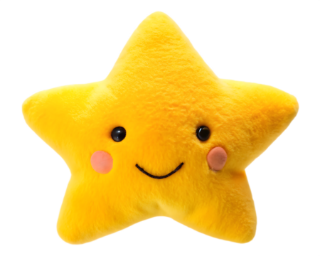  Cute smiling yellow star shaped plush toy isolated on white background PNG.AI Generated.