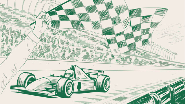 A formula one race car crossing the finish line with a checkered flag waving in the background view