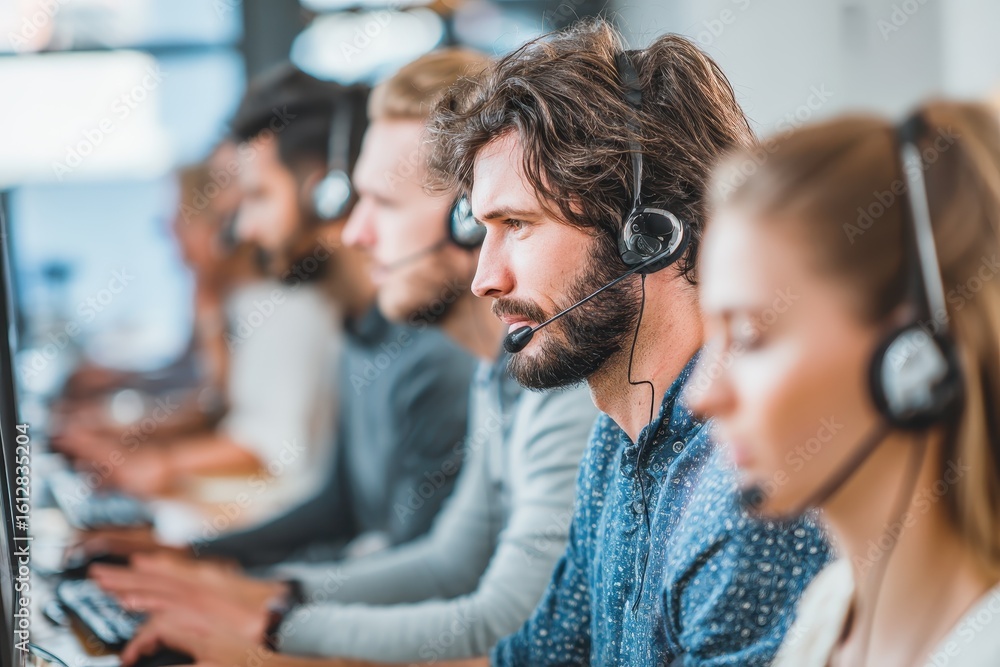 Poster call center workers engaged in customer support tasks in a modern office setting during the day with