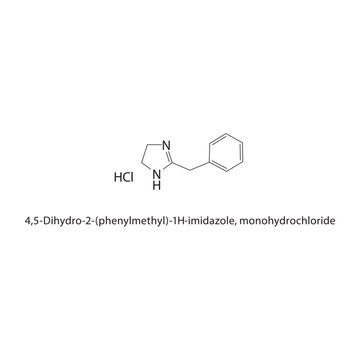 4,5-Dihydro-2-(phenylmethyl)-1H-imidazole, monohydrochloride skeletal structure. Imidazole Salt compound schematic illustration. Simple diagram, chemical formula.