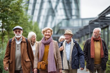 Group of seniors enjoying a leisurely walk in a city park while appreciating nature and each other's company during a pleasant day