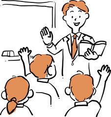 Teacher giving a lesson and students raising hands