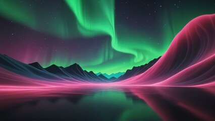 Fototapeta premium Vibrant green and pink aurora borealis dancing across a starry night sky above a serene reflective lake and mountains
