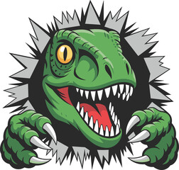 Angry cartoon dinosaur bursting through wall, fierce T-Rex illustration, sharp teeth monster art, aggressive green reptile clipart, roaring Jurassic beast