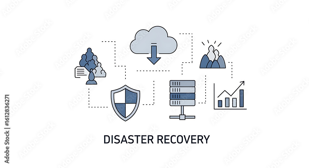Poster illustration showing cloud data storage security and disaster recovery with connected icons ai gener