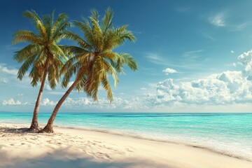 Fototapeta premium Tropical beach with palm trees swaying gently under a clear blue sky and soft white sand inviting relaxation and tranquility