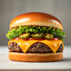 Juicy Cheeseburger with Lettuce, Tomato, and Jalapeños on Brioche Bun