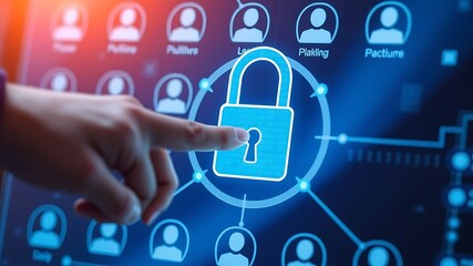 Hand touching padlock symbolizing data protection and digital security for online users