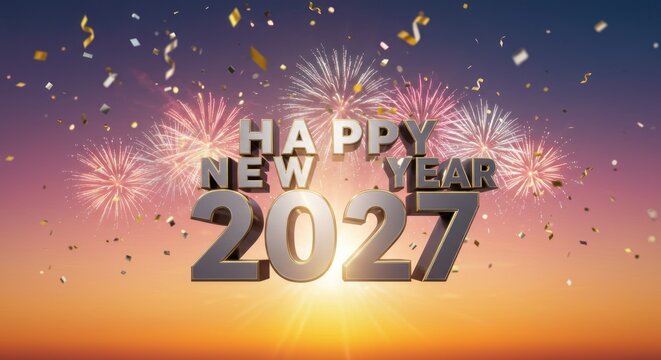 Festive scene displays "Happy New Year 2027" in silver against a sunset backdrop with fireworks and confetti