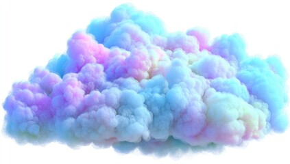 Fototapeta premium A fluffy, abstract cloud formation with pastel hues. Light blue, pink, purple, and white blend together, creating a soft, ethereal appearance. Isolated on white
