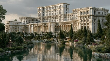 Fototapeta premium Grand Historic Palace with Ornate Architecture Surrounded by Gardens and Water Reflection