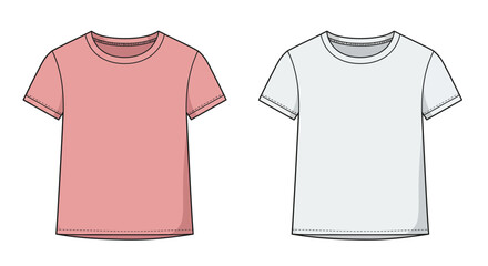 Two Basic T Shirt Illustrations in Pink and White for Fashion Design and Apparel Mockups on a White Background